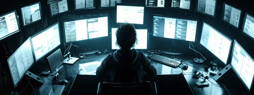 a focused office scene featuring a frustrated professional seated at a sleek desk, surrounded by multiple monitors displaying error messages and outreach email drafts, illuminated by the harsh glow of overhead lighting, emphasizing the struggle of overcoming communication barriers in the digital age.