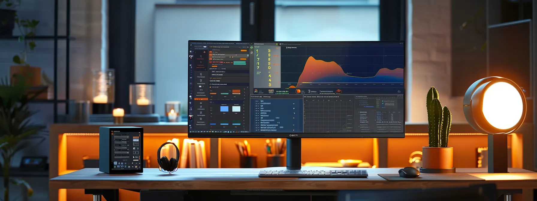 a focused office scene showcases a sleek computer monitor displaying an smtp diagnostics tool, with complex data visualization elements illuminated on the screen, set against a backdrop of organized tech equipment and dimmed ambient lighting to emphasize the importance of digital troubleshooting.