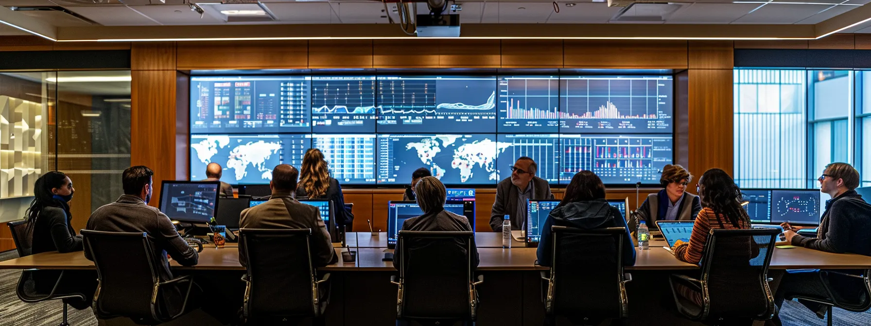 a focused team of professionals in a sleek, modern conference room examines a digital display filled with complex data visualizations highlighting api error case studies, reflecting their strategic discussions on enhancing campaign efficiency.
