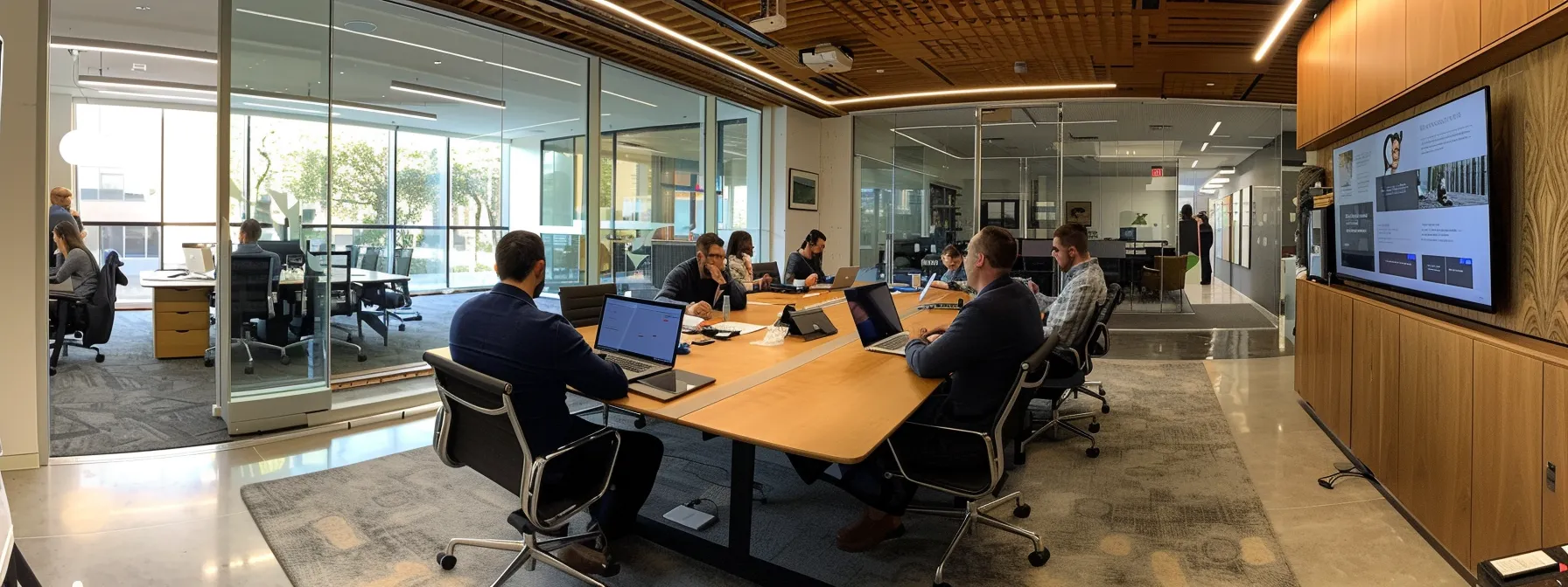 a modern office environment features a focused team collaborating around a sleek conference table, analyzing data on laptops and discussing strategies to optimize api integrations for digital pr campaigns.