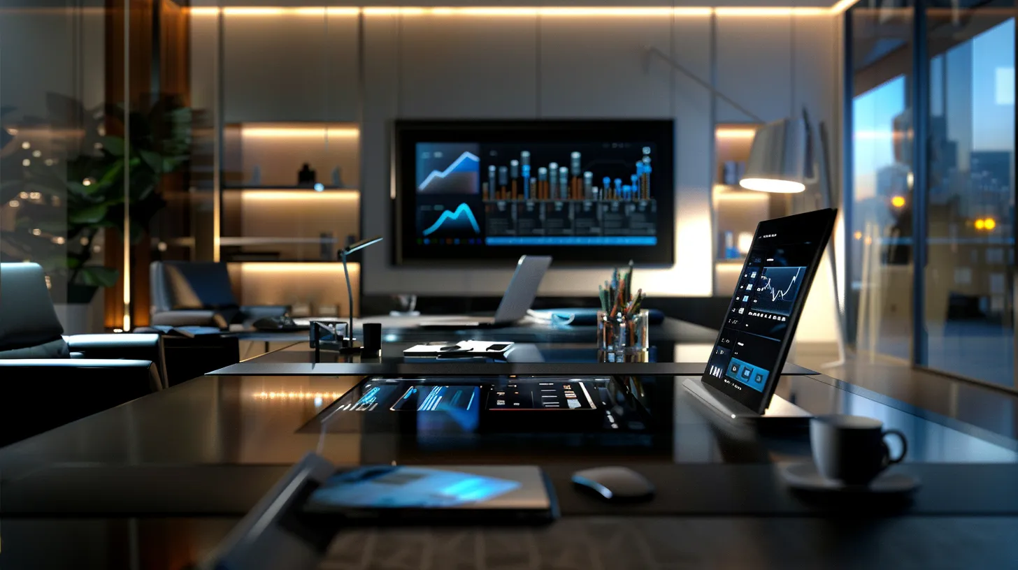 a modern office workspace features a sleek desk adorned with a digital tablet displaying vibrant keyword graphs and analytics, reflecting a strategic focus on enhancing online visibility and engagement through targeted seo.