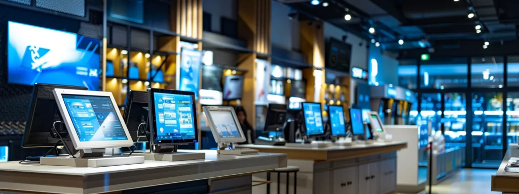 a modern retail environment showcases a sleek pos system setup with digital displays and interactive elements, emphasizing efficiency in operations and customer engagement.