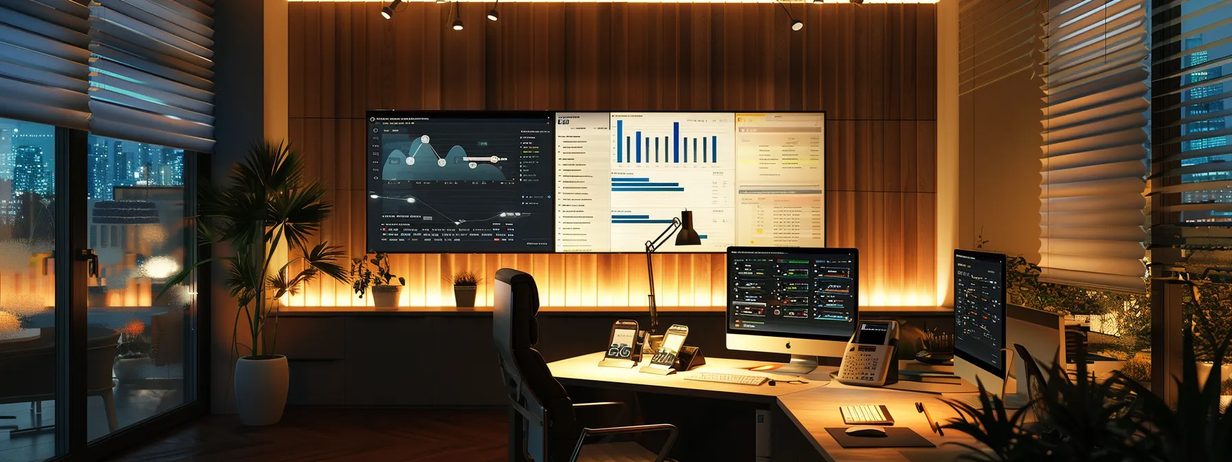 a sharp, modern office workspace features a sleek computer screen displaying an analytics dashboard filled with email outreach metrics, illuminated by focused led desk lights, conveying a sense of urgency and strategic planning.