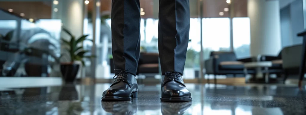 a sharply dressed man in a tailored black suit stands confidently in a modern office setting, showcasing a polished pair of black oxford shoes that perfectly complement his formal attire.