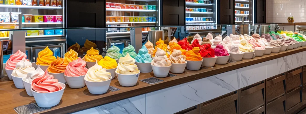 a sleek, modern ice cream parlor showcases a vibrant display of creamy frozen yogurt swirls in colorful cups, surrounded by sophisticated storage and serving equipment, emphasizing the art of texture perfection.