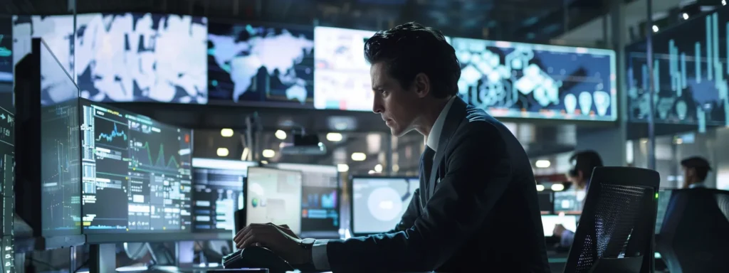 a sleek modern office setting features a focused retail manager engaging with a high-tech pos system on a computer screen, surrounded by digital charts and graphs that illustrate customer support metrics and transaction analytics.