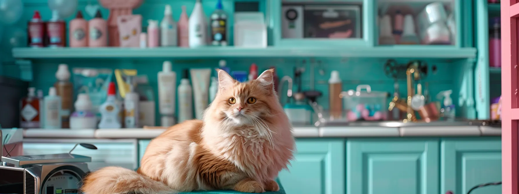 a vibrant, well-lit grooming studio features a fluffy cat perched on a grooming table, surrounded by an array of pet care products, emphasizing the importance of hygiene and grooming techniques for pet wellness.