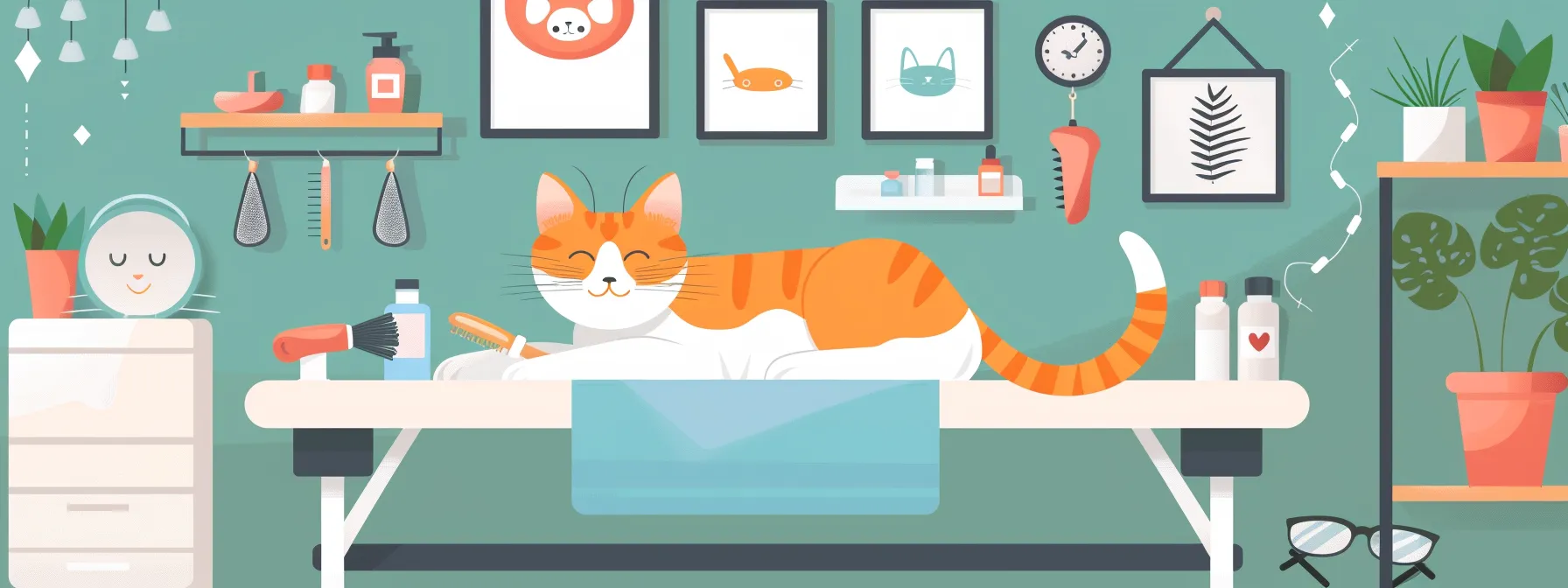a cozy, well-lit indoor grooming space showcases a professional grooming table with a calm cat being gently brushed, surrounded by grooming tools and accessories that highlight the art of cat care.