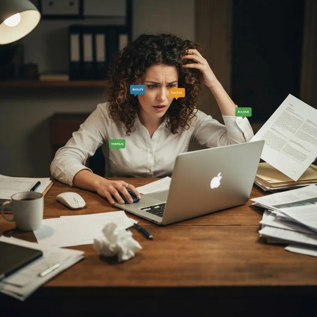 Individual overwhelmed by multitasking at a cluttered desk, illustrating the effects of digital switching on productivity