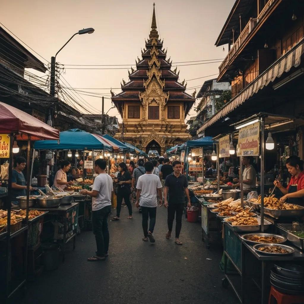 Vibrant street market in Chiang Mai, illustrating the affordable cost of living for digital nomads