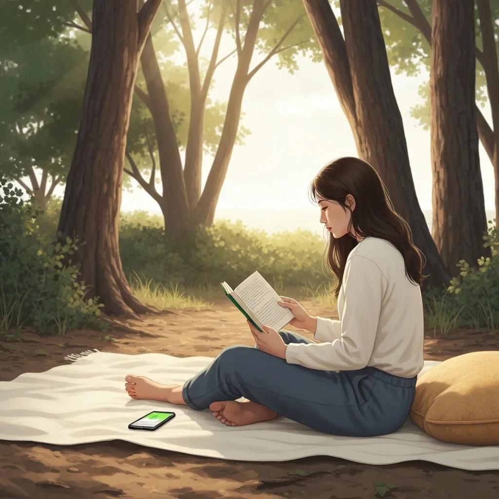 Person enjoying a digital detox in nature, surrounded by greenery and a book, symbolizing focus and relaxation