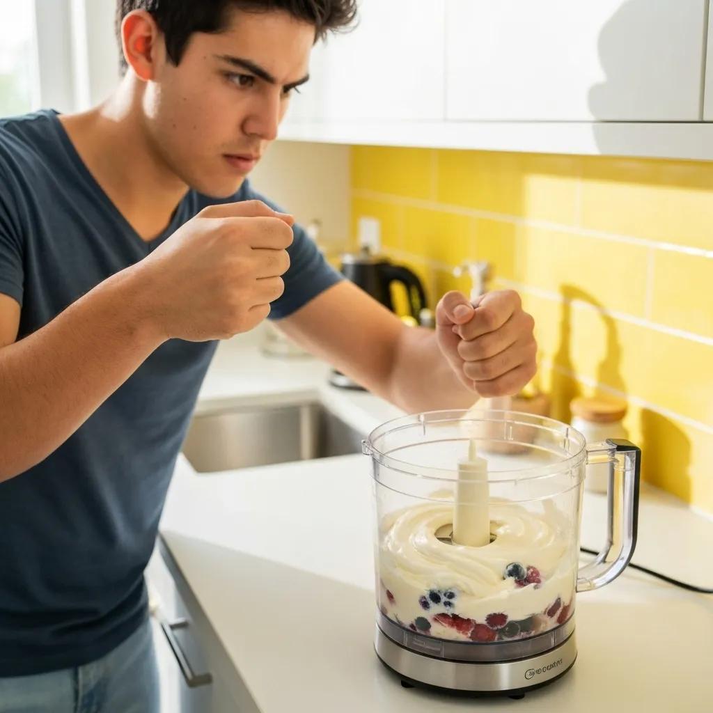 Person blending frozen yogurt ingredients in a food processor in a bright kitchen