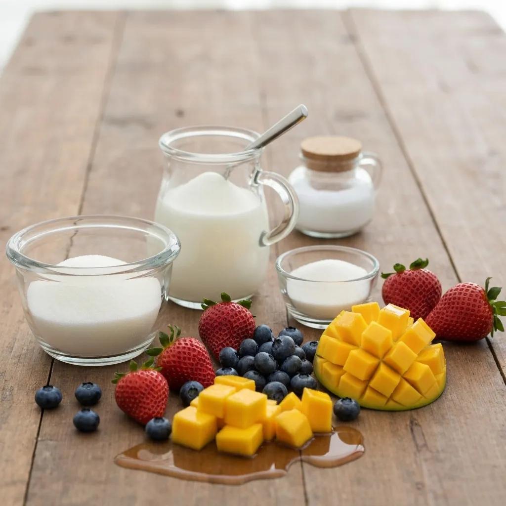 Key ingredients for creamy frozen yogurt including full-fat yogurt, sugar, and fresh fruits