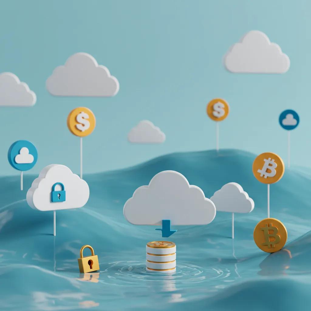 Digital landscape representing digital legacy management with cloud storage and cryptocurrency symbols