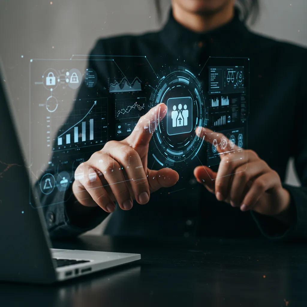 Futuristic interface showing AI assistance in digital estate planning with a person interacting with technology