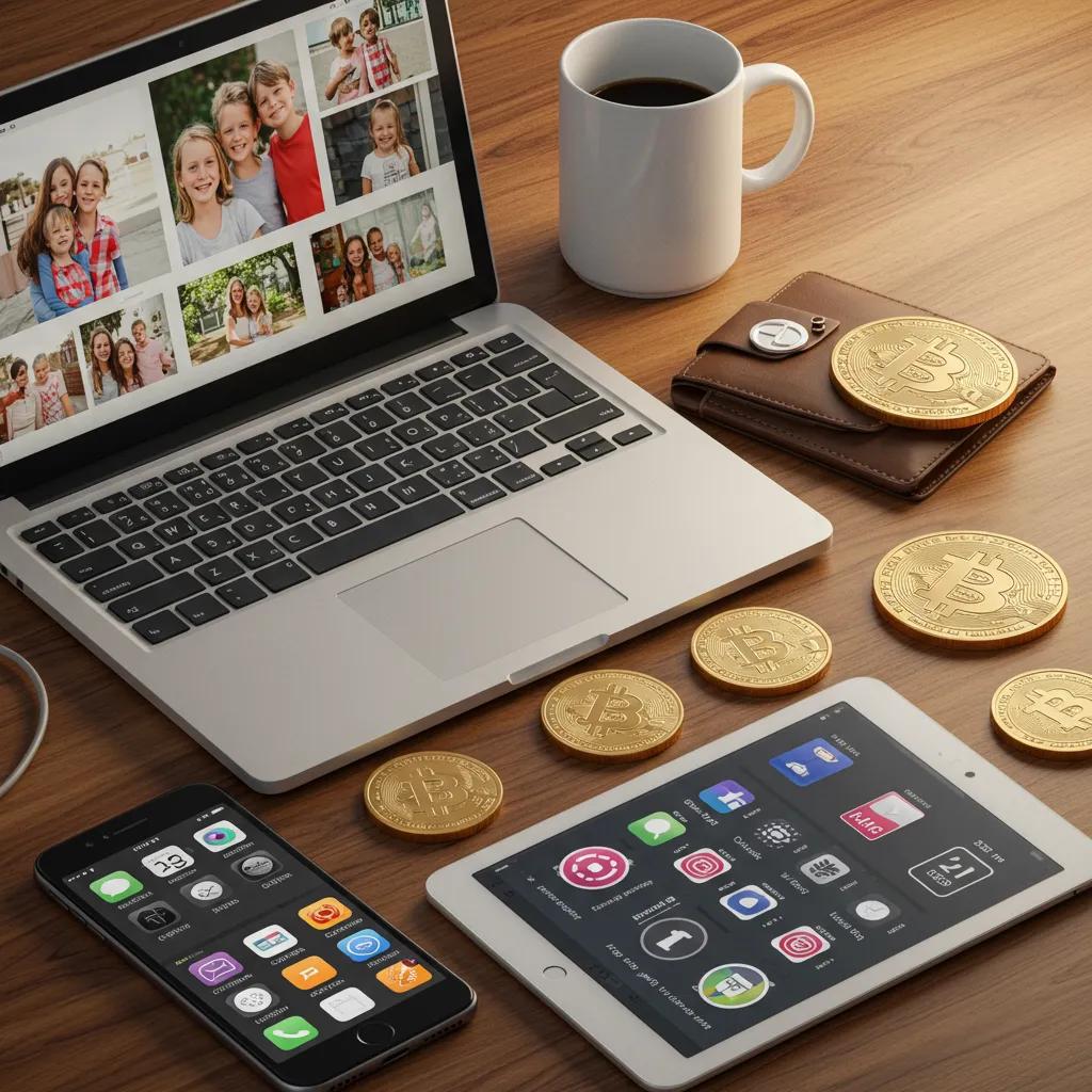 Illustration of diverse digital assets including family photos, social media apps, and cryptocurrency wallets
