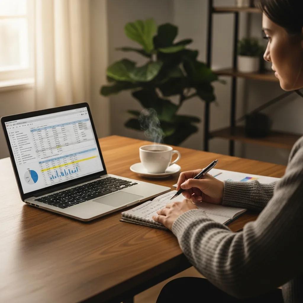 Cozy workspace with a person managing personal finances using AI tools